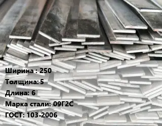 Полоса стальная 250х5 L=6 Сталь: 09Г2С ГОСТ: 103-2006
